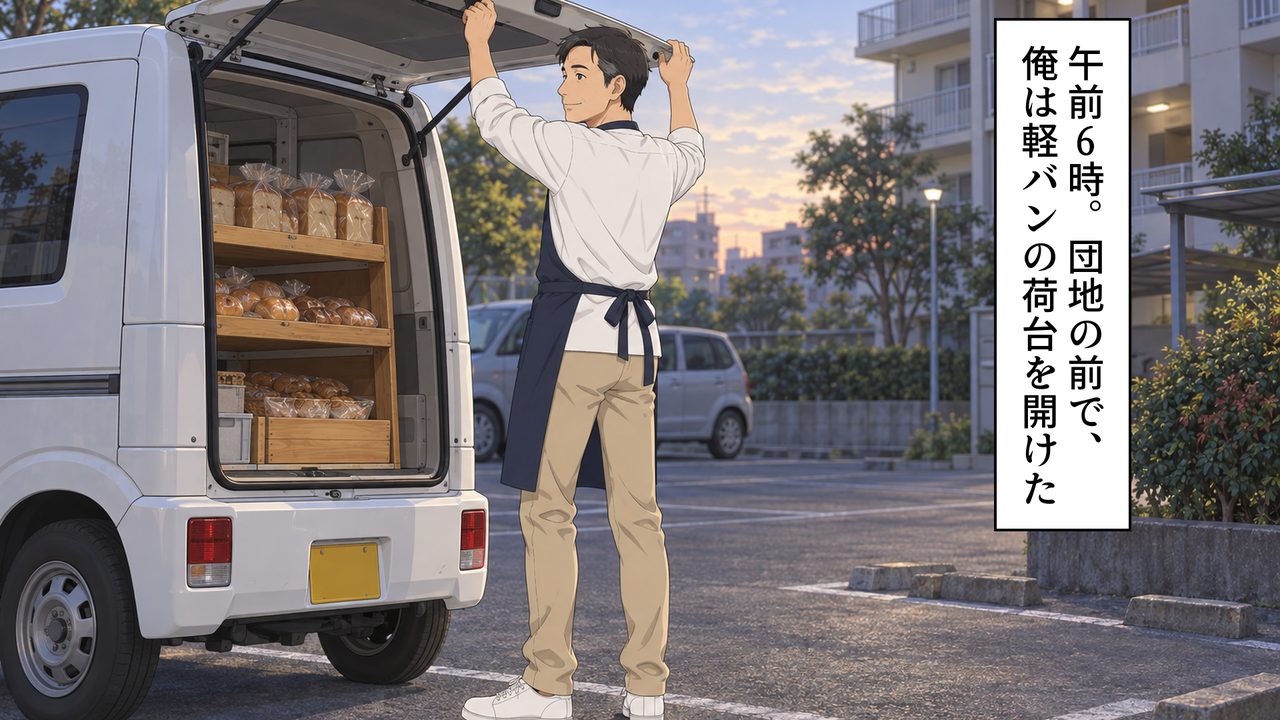 YouTube 漫画の見本。移動パン屋の荷台を開ける男性と、縦書きのナレーション