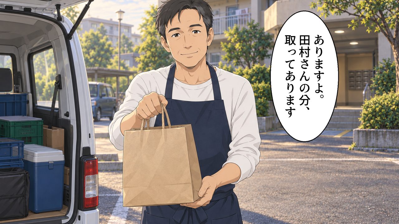 YouTube 漫画の見本。紙袋を差し出す男性と、縦書きの吹き出し