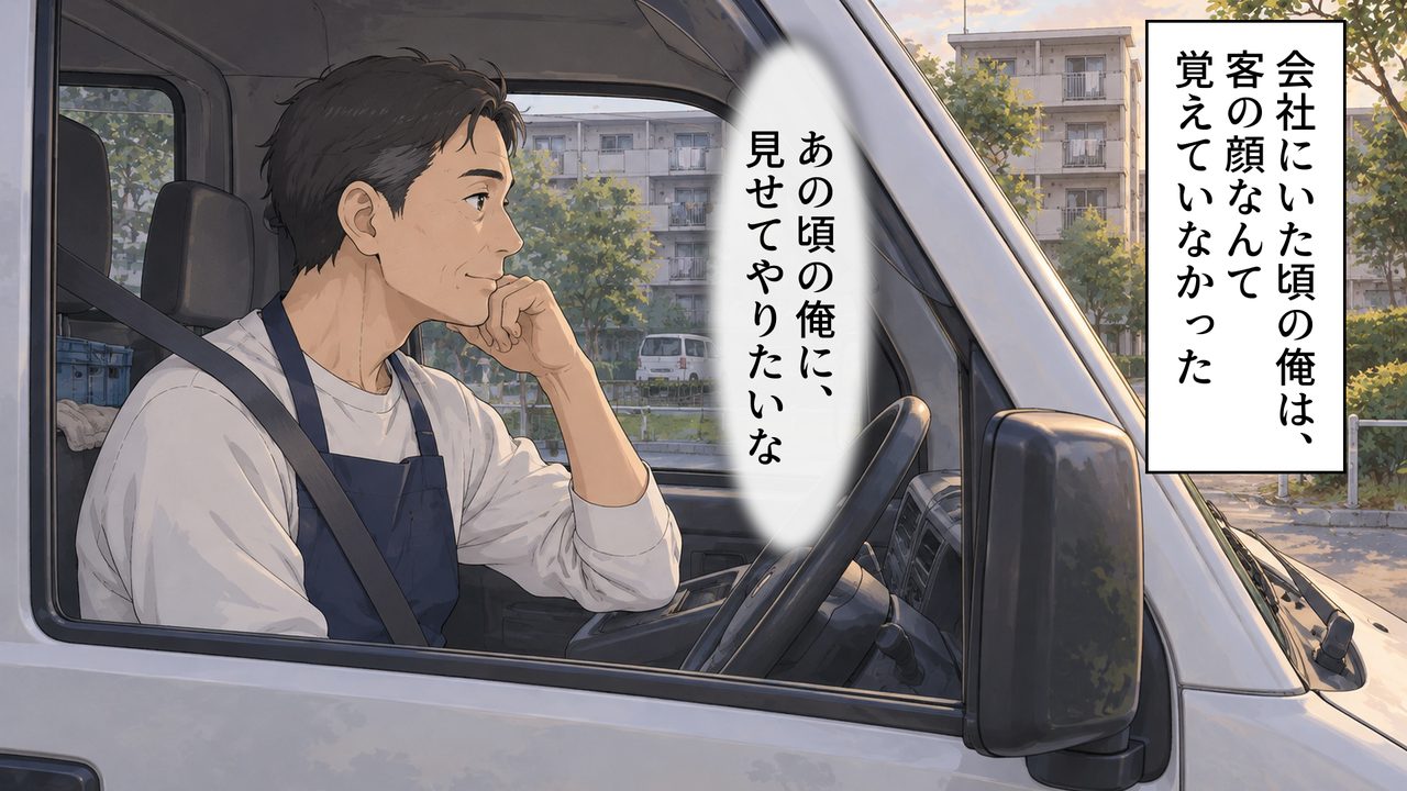 YouTube 漫画の見本。軽バンの運転席で思いにふける男性と、縦書きの吹き出し